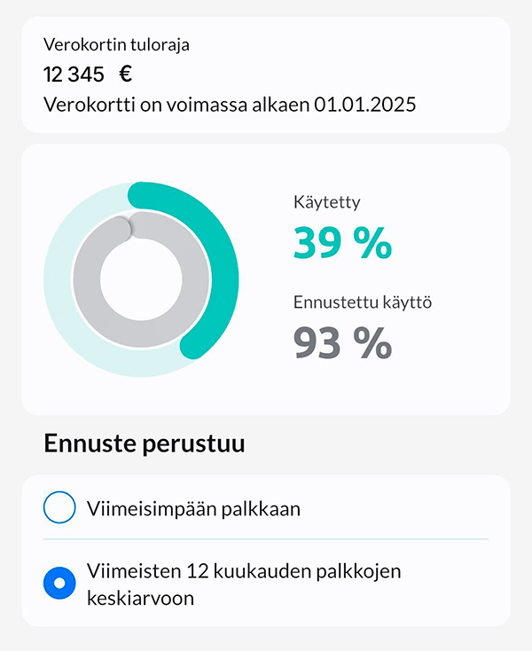 Netvisor verokortin tiedot työajanseurannassa mobiilinäkymässä