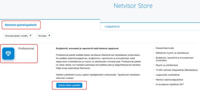 Professional-pakettiin vaihtaminen